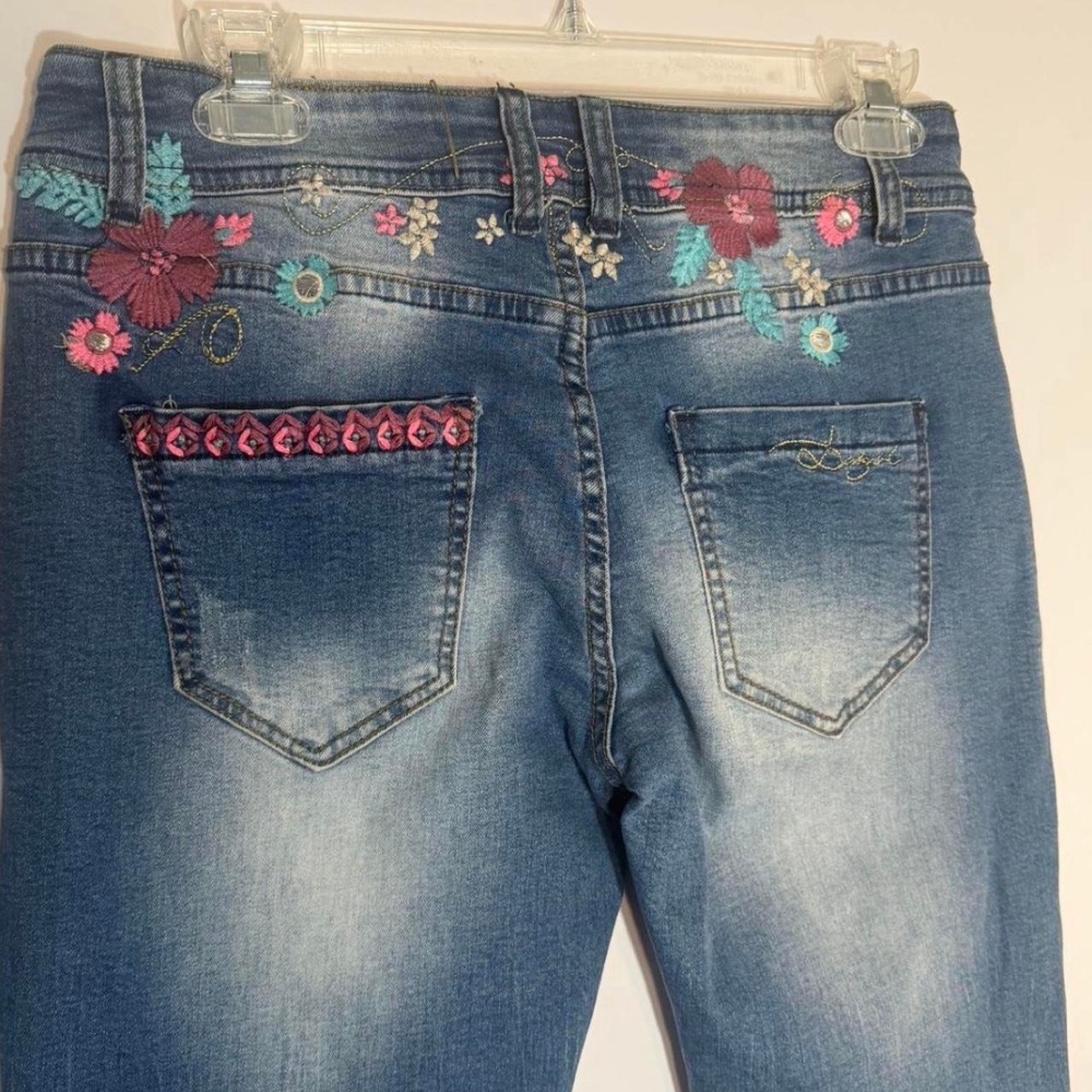 Y2K Embroidered Floral Jeans Women 26 Low Rise Skinny Button Fly Boho Rhinestone - Picture 8 of 8